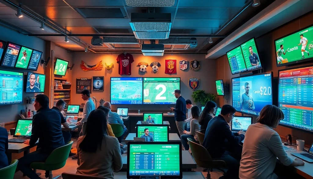 Engaging sports betting community scene showcasing 슈어맨2 with digital devices and live scores.