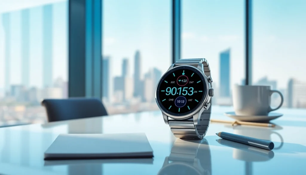 Showcasing a Pulse Smart Watch displaying health metrics on a modern office desk.