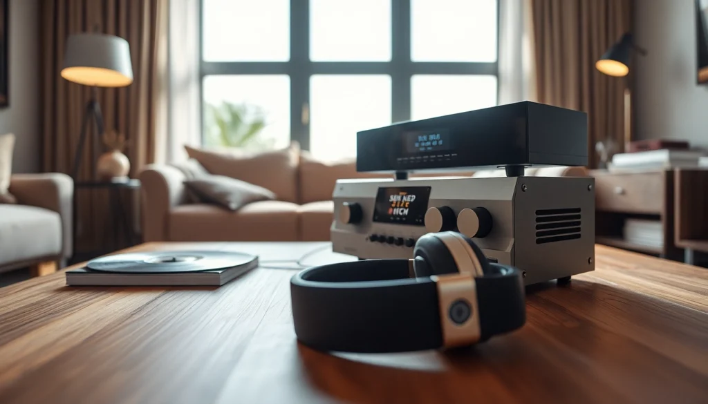 Audio sprzęt w nowoczesnym salonie z eleganckim systemem dźwiękowym i słuchawkami.