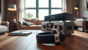 Audio sprzęt w nowoczesnym salonie z eleganckim systemem dźwiękowym i słuchawkami.