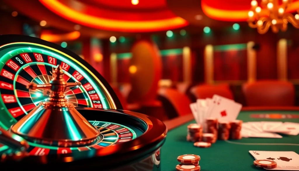 Vivez l'excitation du casino en ligne France avec une roulette numérique et un setup de poker vibrants.