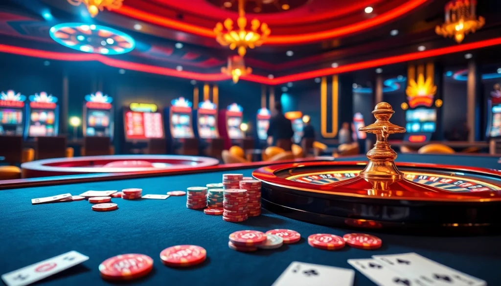 Participez à l'atmosphère du casino en ligne France à travers des tables vibrantes et des roues de roulette en rotation.