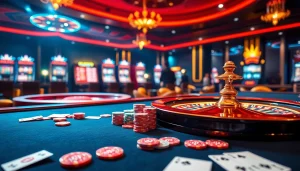 Participez à l'atmosphère du casino en ligne France à travers des tables vibrantes et des roues de roulette en rotation.