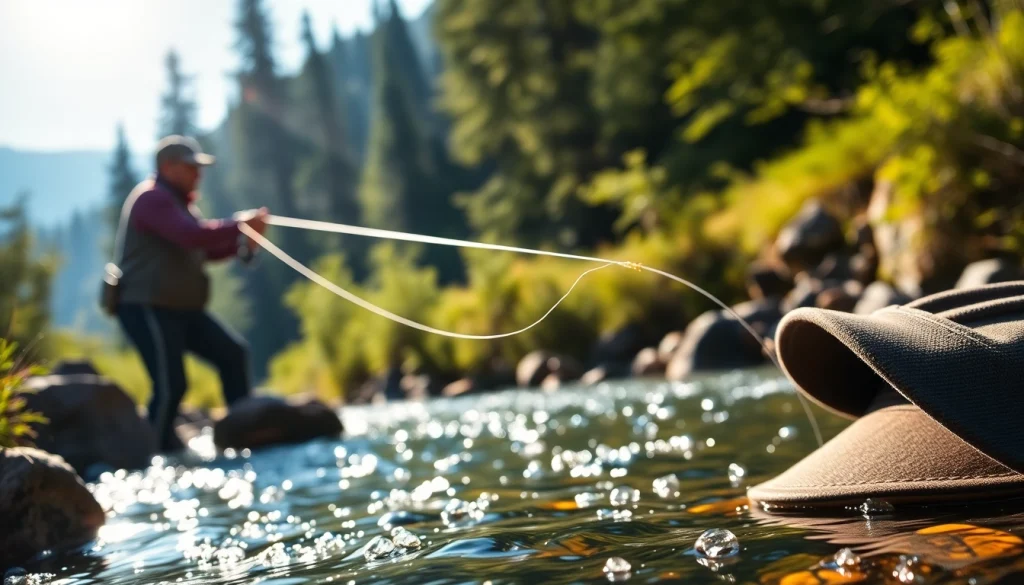 Fly fishing tippet is prominently featured as a skilled angler casts into a beautiful river.