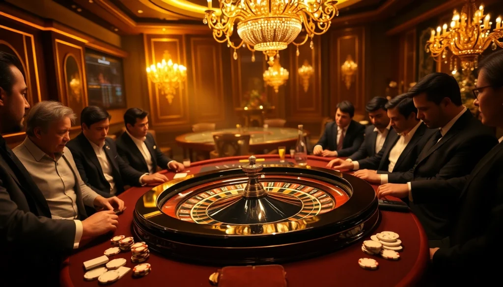 Experience rebahin gameplay at a luxurious casino table, featuring roulette and excited players.