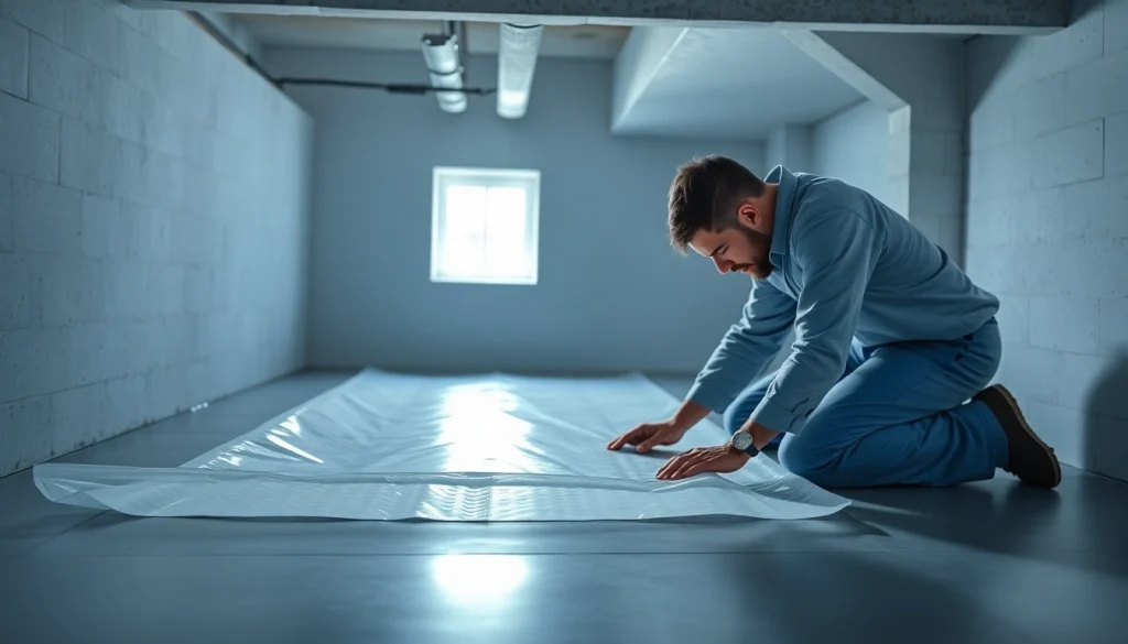 Technician conducting vapor barrier installation in a crawl space for moisture protection.