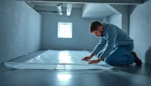Technician conducting vapor barrier installation in a crawl space for moisture protection.