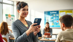 Präsentieren Sie die Handytasche Lehrer in einem modernen Klassenzimmer mit kreativem Touch.