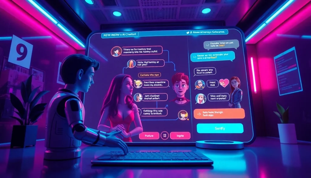 Innovative NSFW AI chatbot interface with vibrant digital elements and engaging avatars.