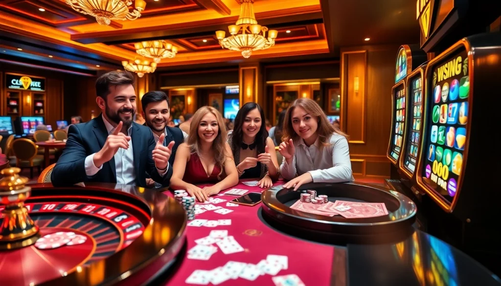 Scène engageante de joueurs profitant des jeux au meilleur casino en ligne, mettant en avant des tables de casino vibrantes et une atmosphère animée.