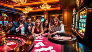 Scène engageante de joueurs profitant des jeux au meilleur casino en ligne, mettant en avant des tables de casino vibrantes et une atmosphère animée.
