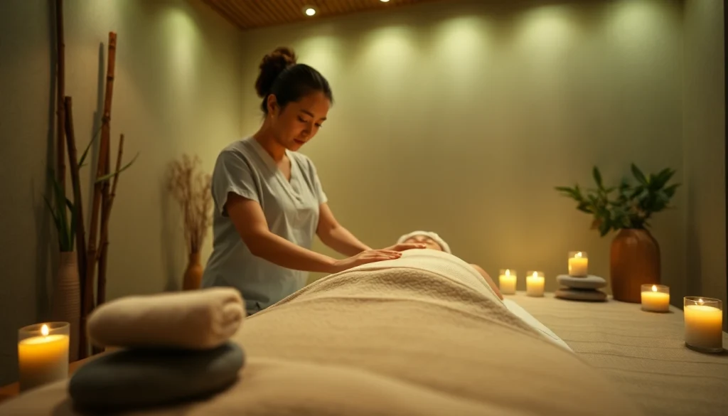 평화로운 스파 환경에서 편안한 속초마사지 세션, 차분한 색상과 자연 요소가 조화롭게 어우러져 있습니다.