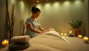 평화로운 스파 환경에서 편안한 속초마사지 세션, 차분한 색상과 자연 요소가 조화롭게 어우러져 있습니다.