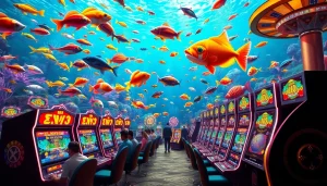 Engaging scene of players enjoying bắn cá đổi thưởng in a vibrant underwater casino.