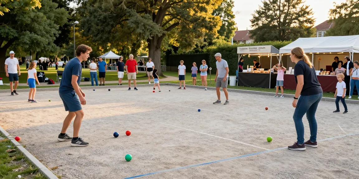 Aktivitas komunitas di fopikotatomohon.org dengan pemain petanque yang bersenang-senang di taman lokal.