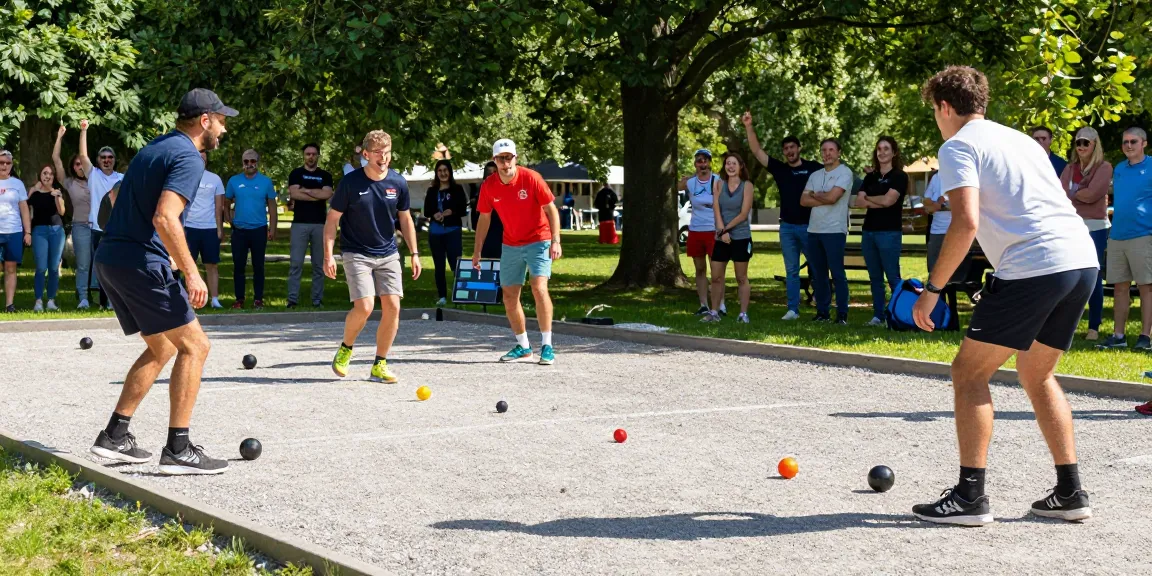Permainan petanque di fopikotabalikpap.org dengan pemain bersemangat di taman.
