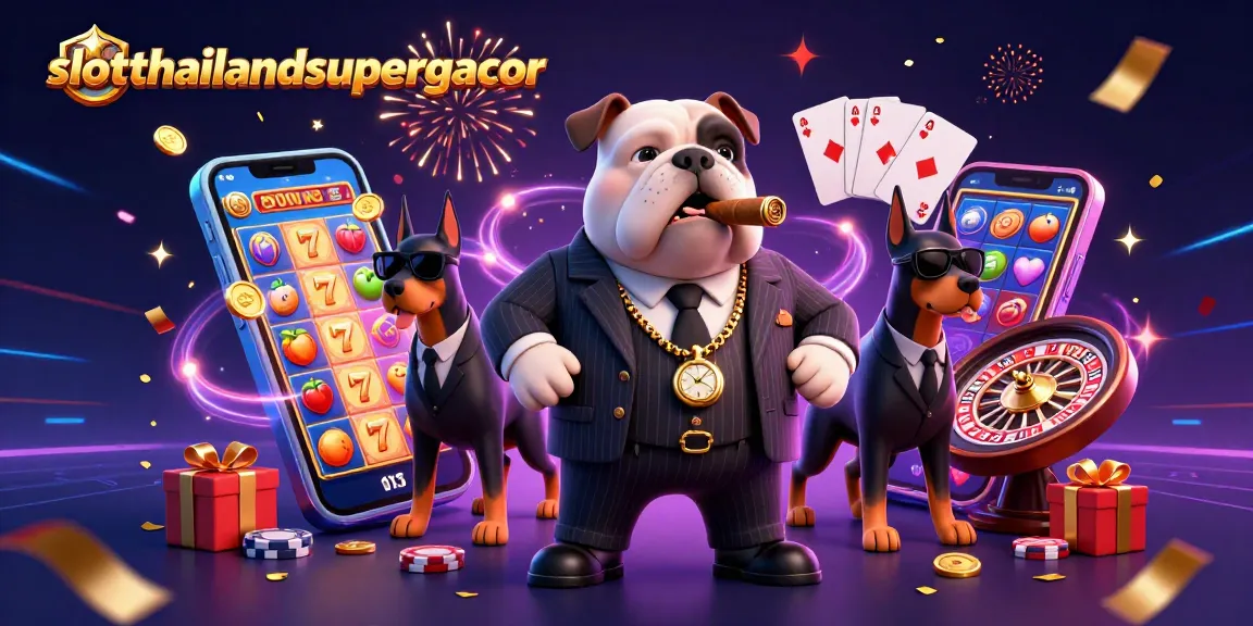 Experience excitement at slotthailandsupergacor with cartoon characters amidst vibrant slots and casino elements.