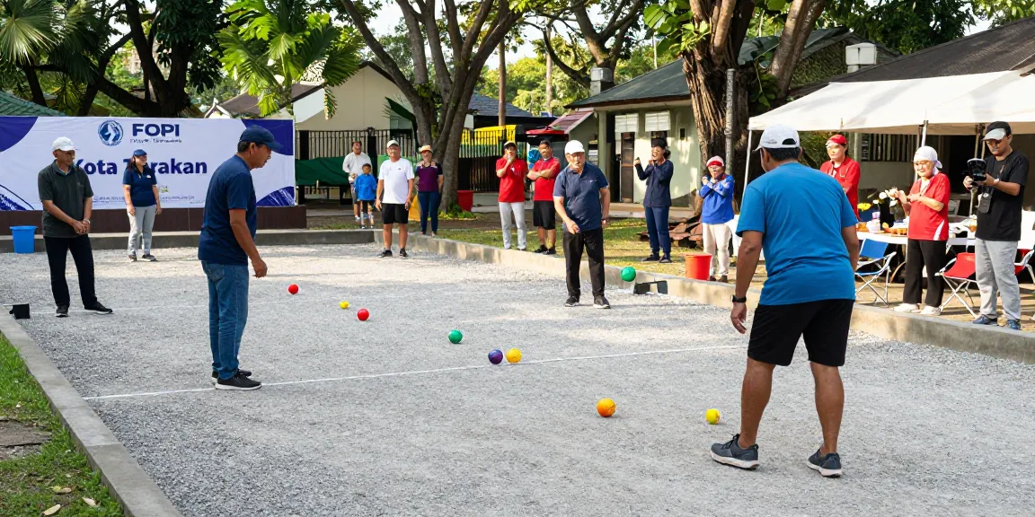 Aktivitas komunitas di lapangan petanque fopikotatarakan.org, para pemain bersaing dalam suasana meriah.