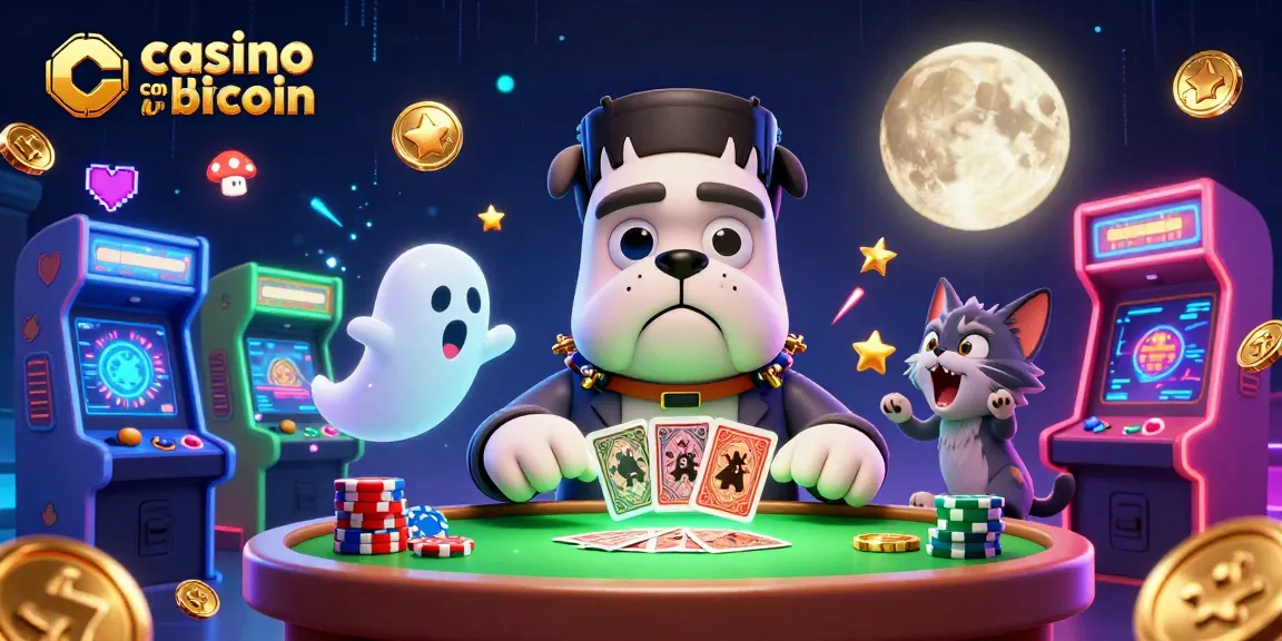 Gioca in un casino con bitcoin con una scena vibrante e colorata piena di personaggi e slot.