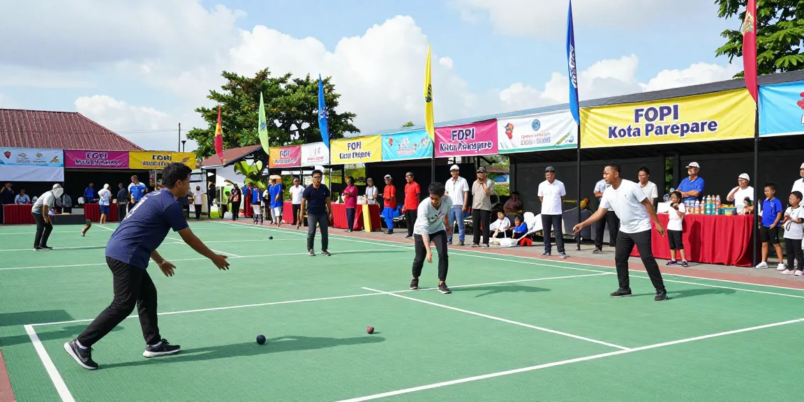 Aktivitas dalam turnamen petanque di fopikotaparepare.org dengan para pemain dan penonton bersemangat.