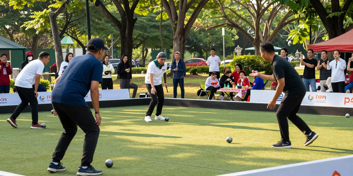 FOPI Kota Kendari menampilkan olahraga petanque di taman dengan pemain dan penonton meriah.